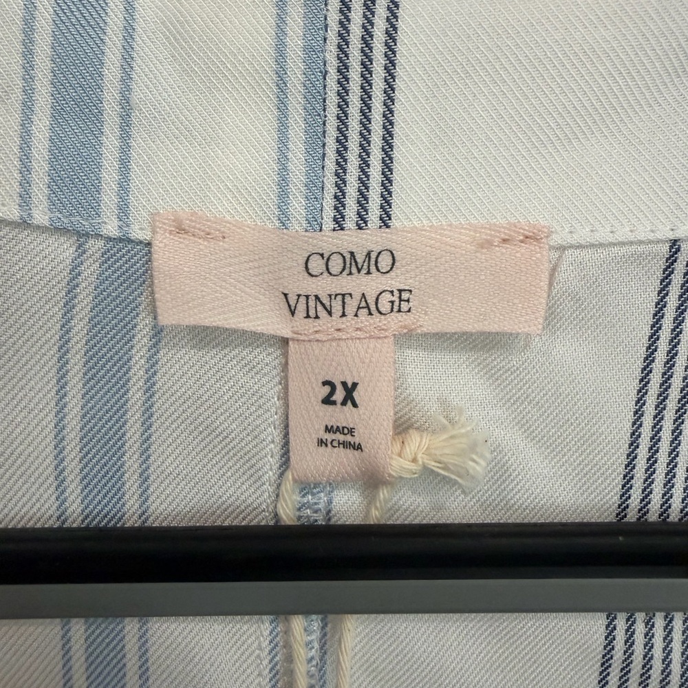 COMO VINTAGE 2X. Blue & White Striped Tie-Front Blouse - Picture 3 of 5